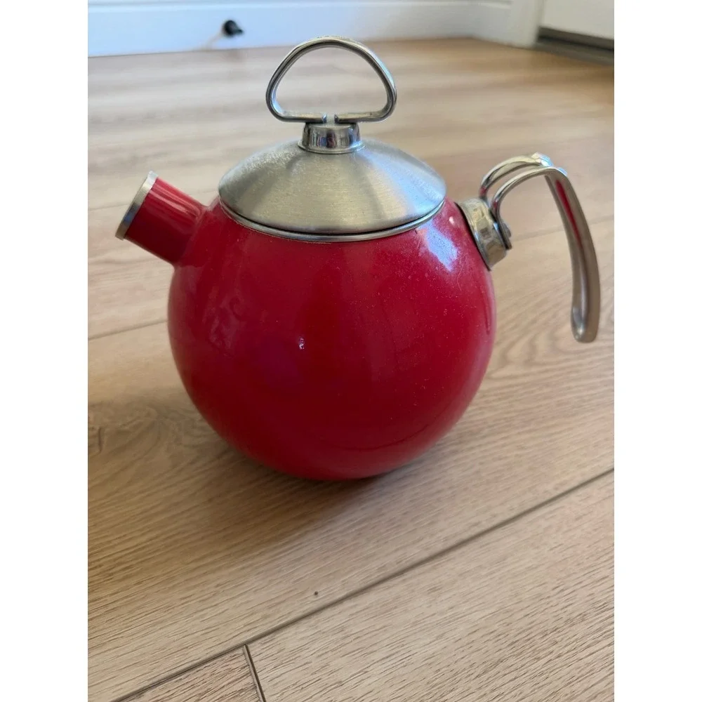 Vintage Chantal Red Enamel on Steel Spherical Tea‎ Kettle Stainless Handle